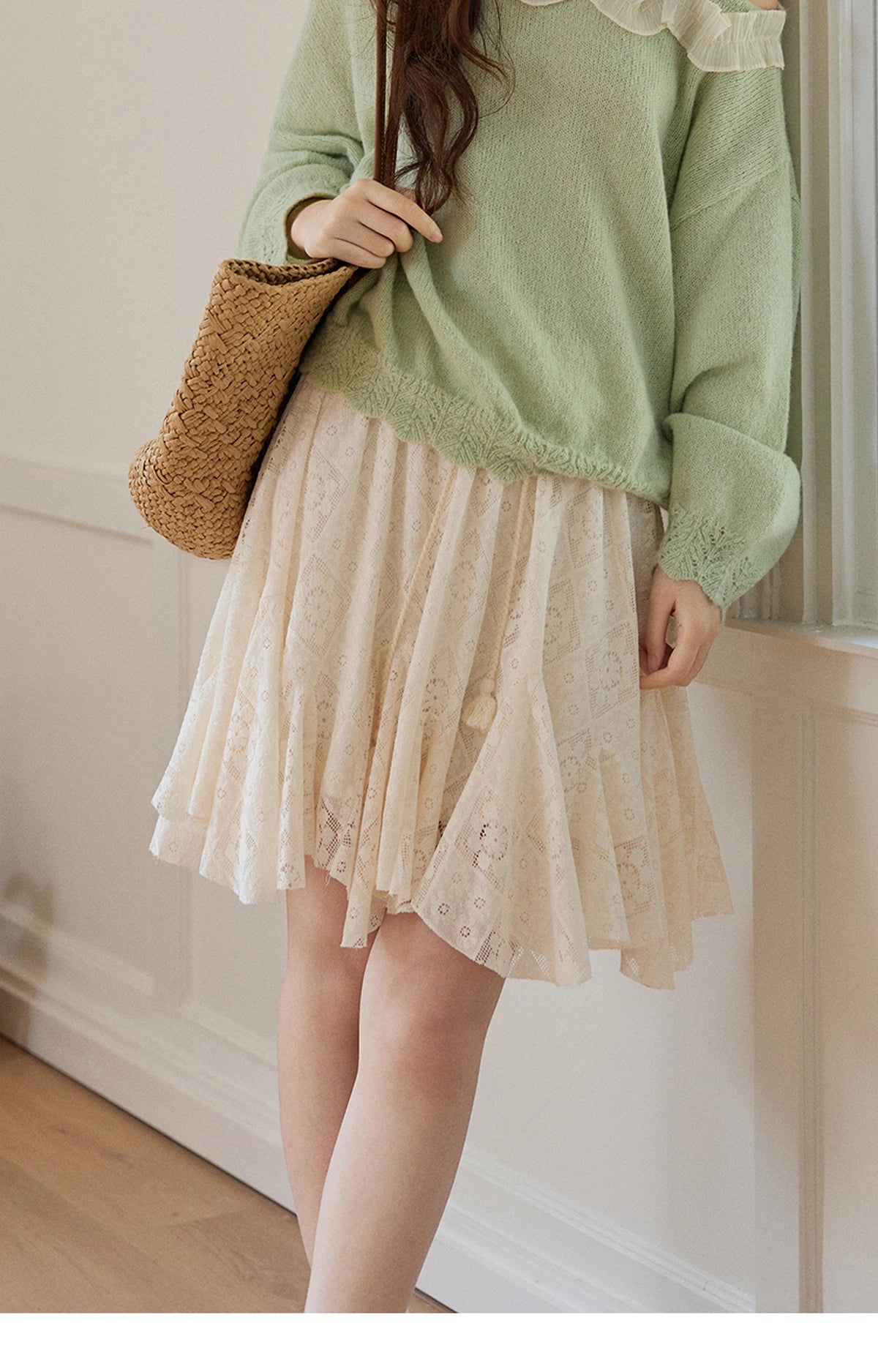 MISHOW Women's Beige Apricot Lace Midi Skirt 2026 Spring High Waist Flowy A-Line Skirts Irregular Romantic Skirt MXF108B0768