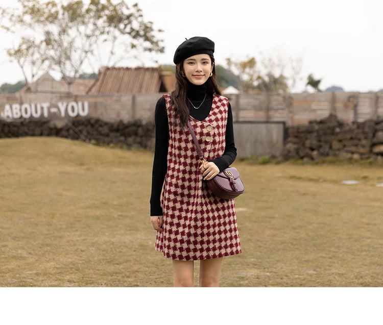 MISHOW Plaid Vest Dress Winter Vintage Womens Dresses Aline Vneck Sleeveless Woolen Vestidos Chic Female Clothes MXB47L1332
