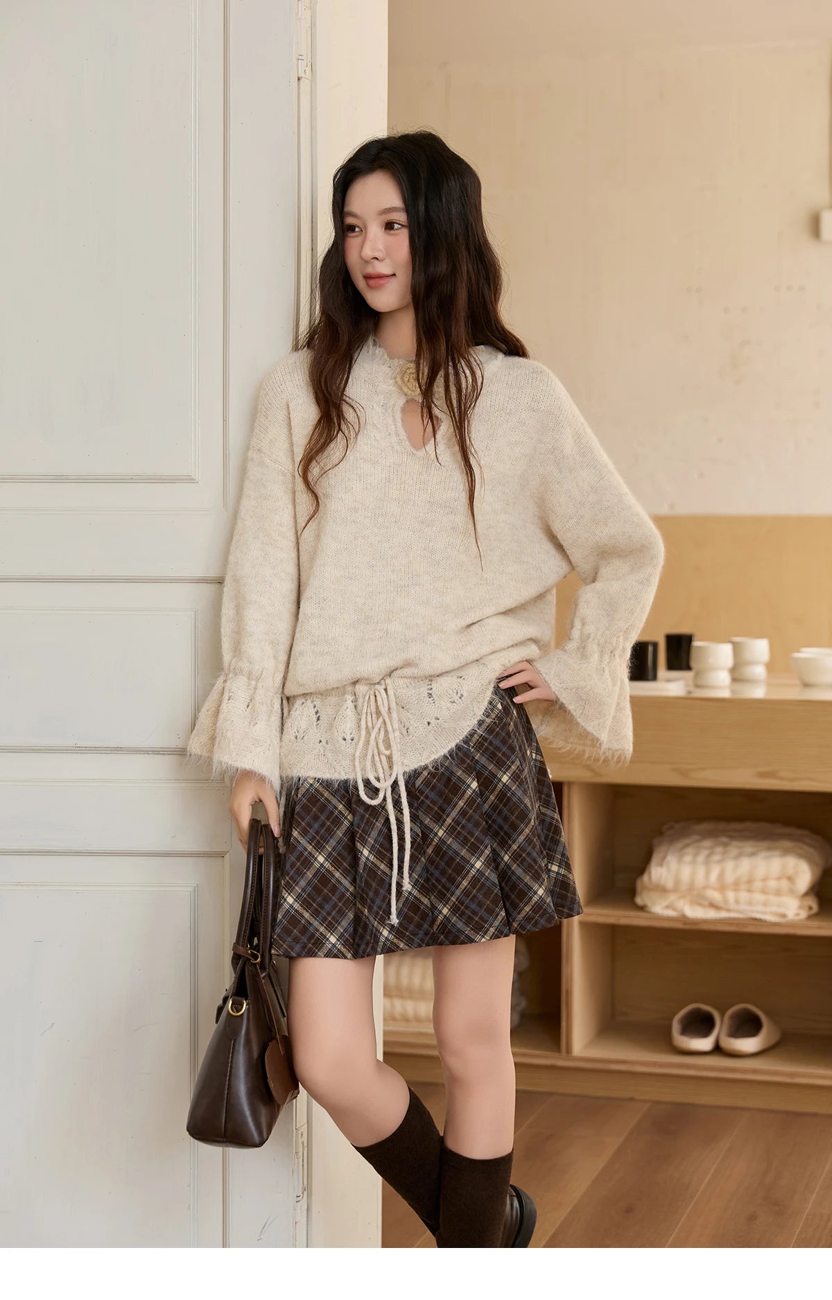 MISHOW Apricot Drawstring Waist Pullovers Women 2025 Winter New Luxury Three-dimensional Flower Hollow Out Sweater MXE88Z2709