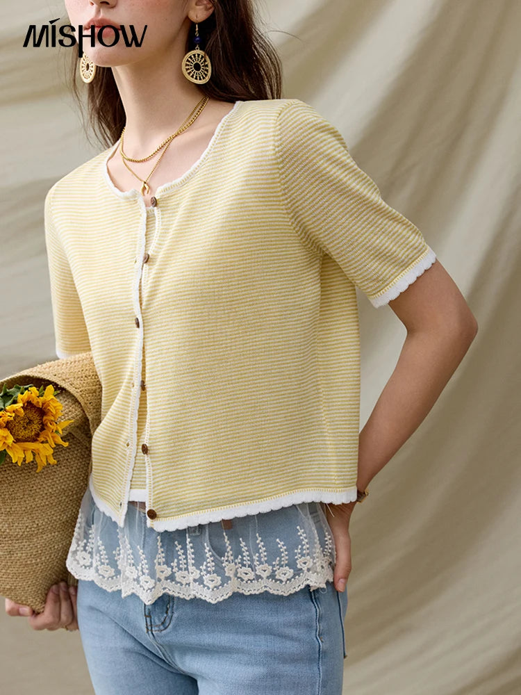 MISHOW Summer Camisole Cardigan Sets for Women 2025 Short Sleeve Round Neck Hem Lace Knitted Tops Female Fashion MXE33T0582