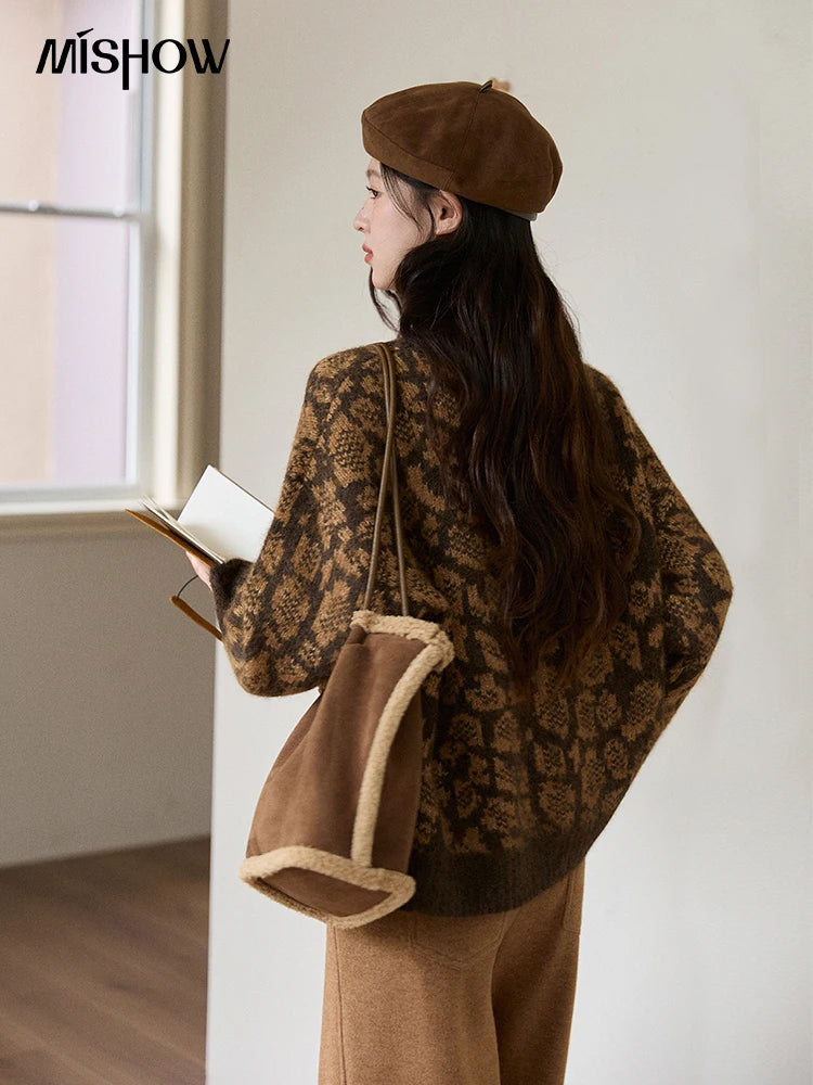 MISHOW Women's Color Block Geometric Leopard Jacquard Sweater Winter French Half Turtleneck Dropped Sleeve Knitwear MXE91Z2839