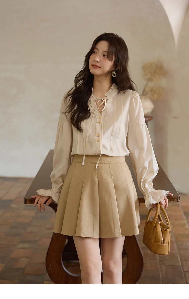 MISHOW French 100% Lyocell Apricot Shirt 2025 Autumn Flared Sleeves Lace Edges Shirts V-neck Slim Top Office Lady MXE41C2351