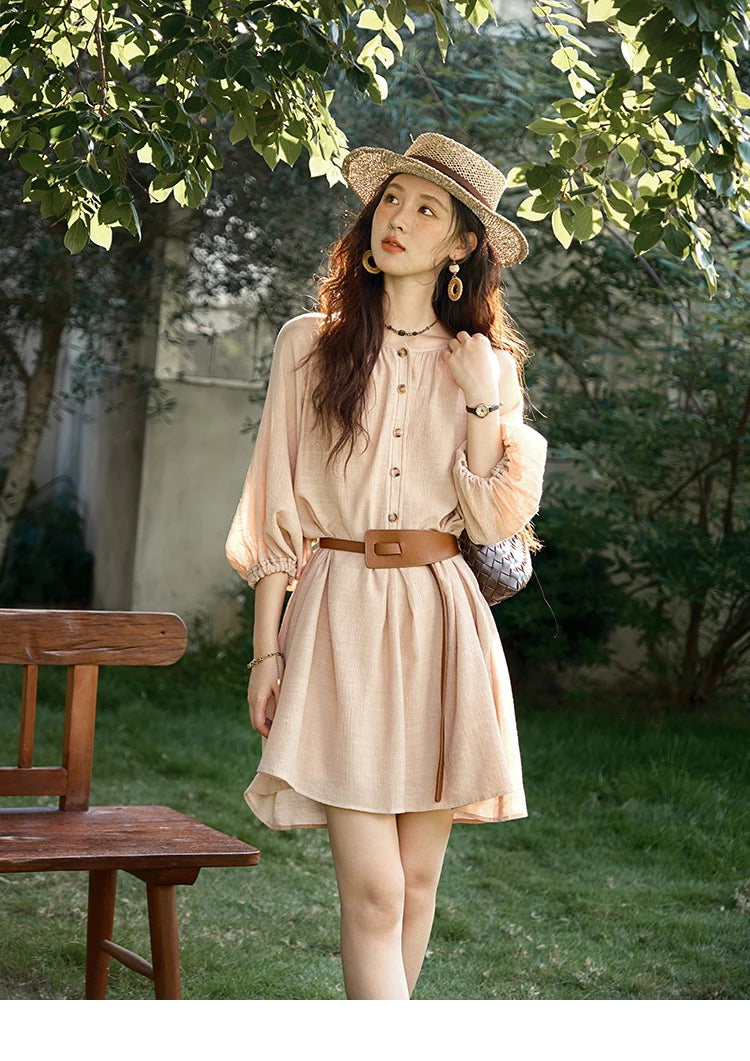 MISHOW French Retro Midi Length Sleeves Dress Summer O-neck Single Breasted Dresses Casual Tea Break Dress with Belt MXE39L2409