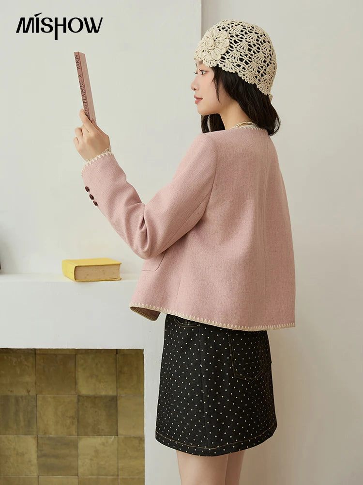 MISHOW Women's Solid Tweed Jacket 2025 Autumn Vintage Commute Round Neck Long Sleeved Short Jackets Woman Clothes MXE44W0812