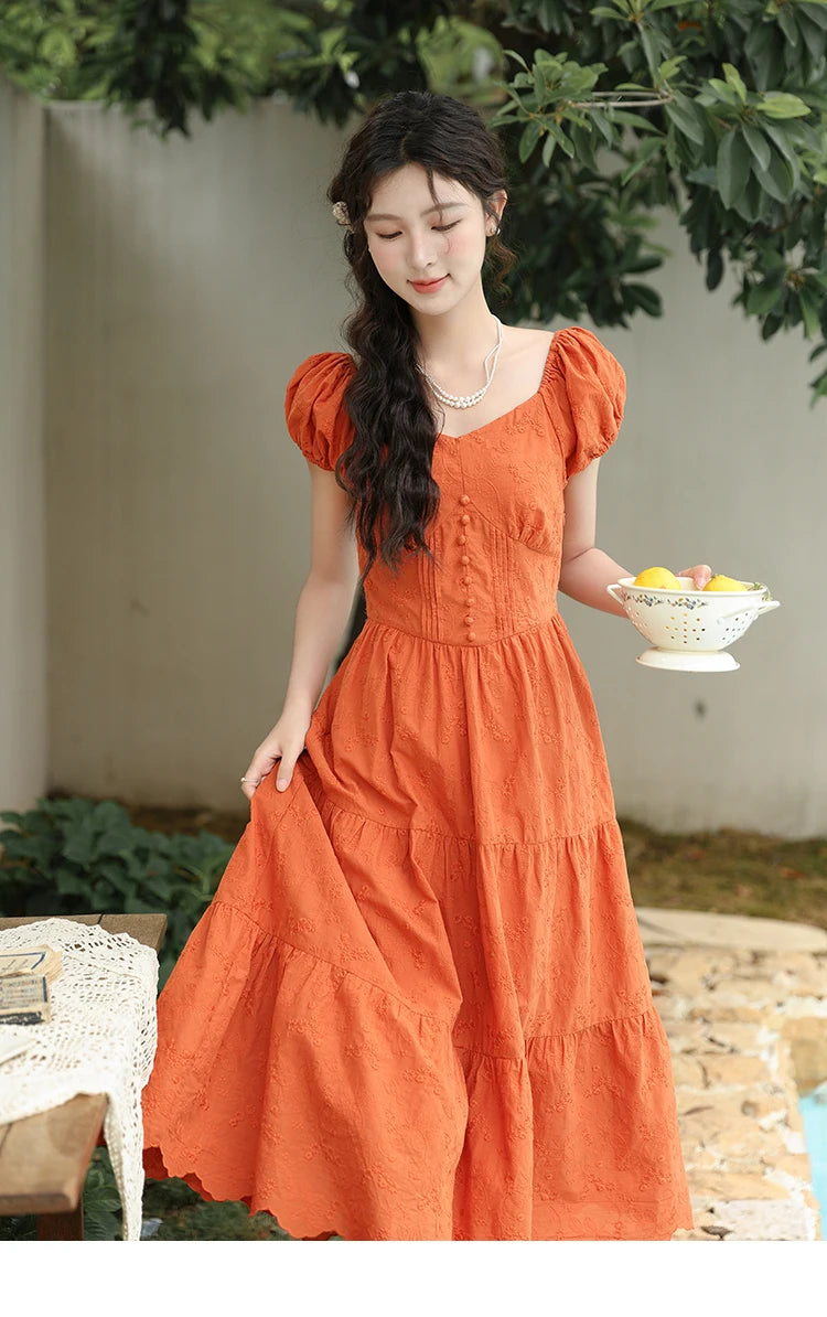 MISHOW 100 Cotton Orange Embroidered French Dress Women 2024 Summer V Neck Mid Length Dress Solid Loose A-line Dress MXD29L1931