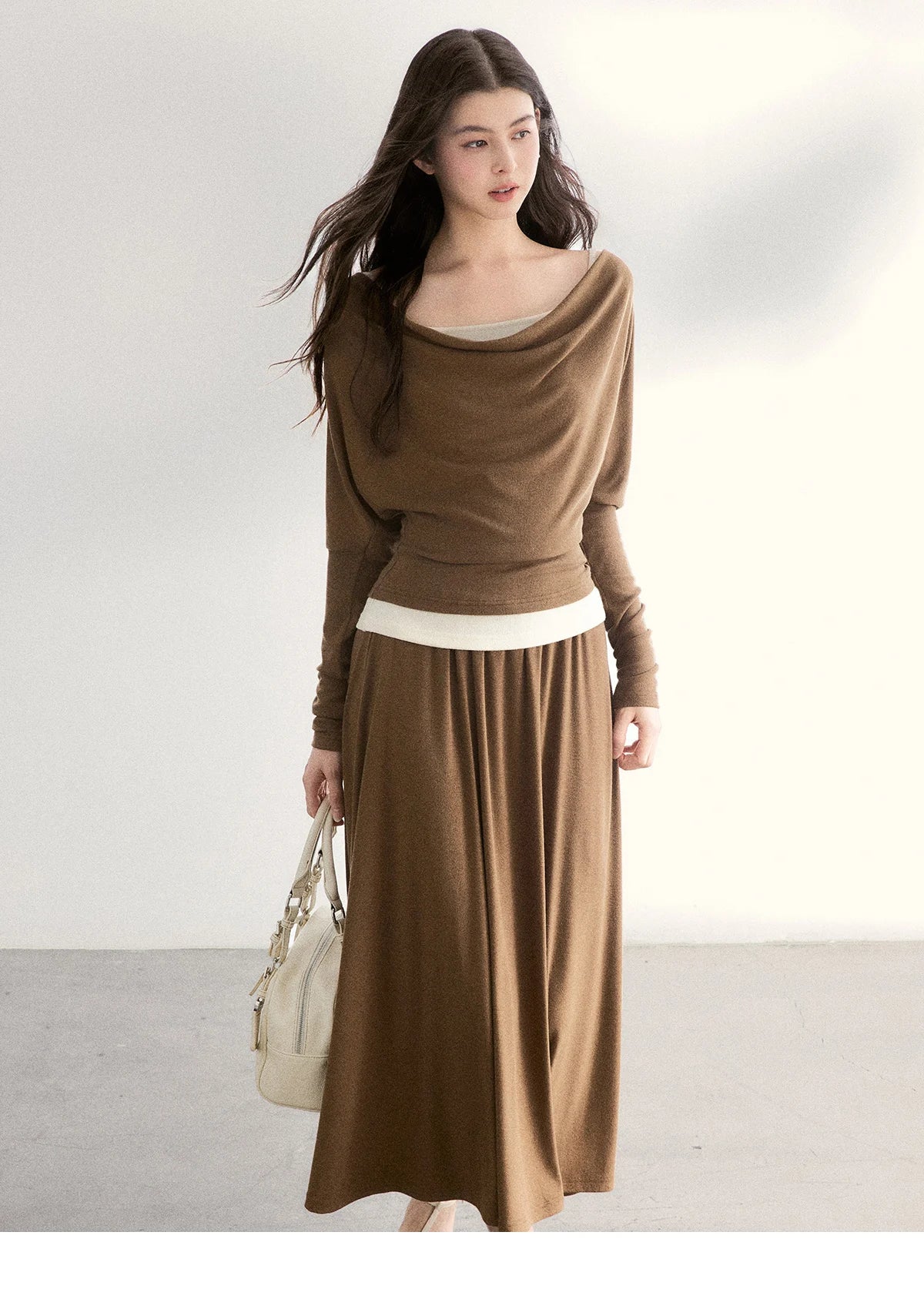 MISHOW Women's Draped Neck Tops with Camisole Two Piece Set 2026 Spring Long Sleeve Slim Casual Soft Brown Tops MXF11T1458