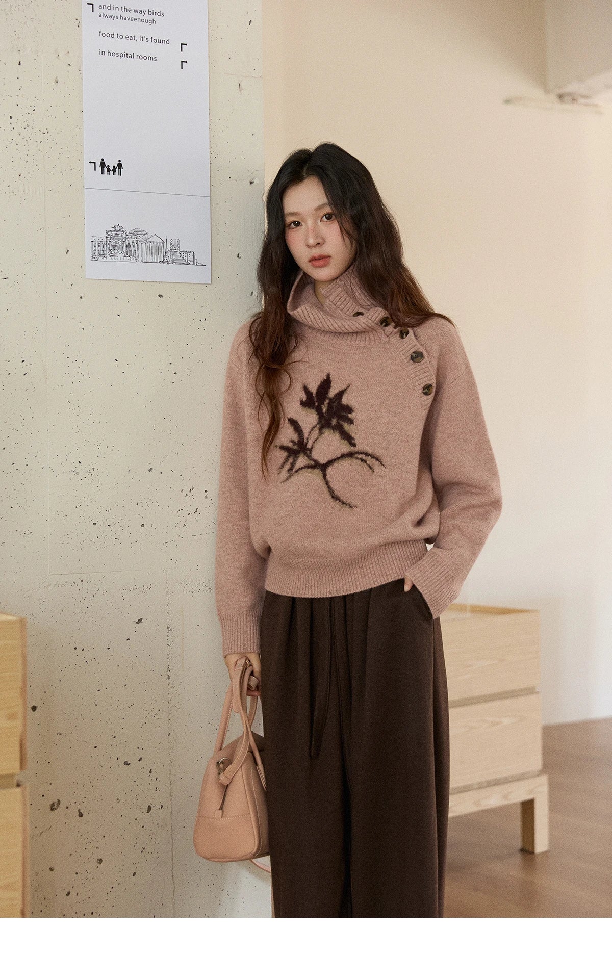 MISHOW Plant Jacquard Sweater for Woman 2025 Winter French Style Casual Turtleneck Design Knitted Pullover Tops Woman MXE86Z2658