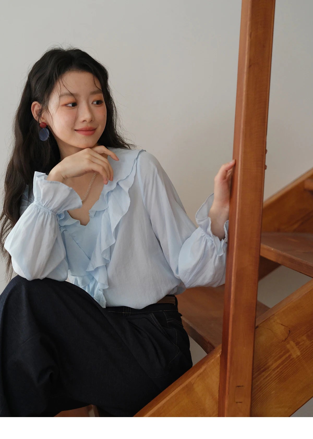 MISHOW Blue Lyocell Ruffled Shirt 2025 Autumn V-neck Flared Sleeves V-neck Shirts Commuting Elegant Versatile Tops MXE41X1969