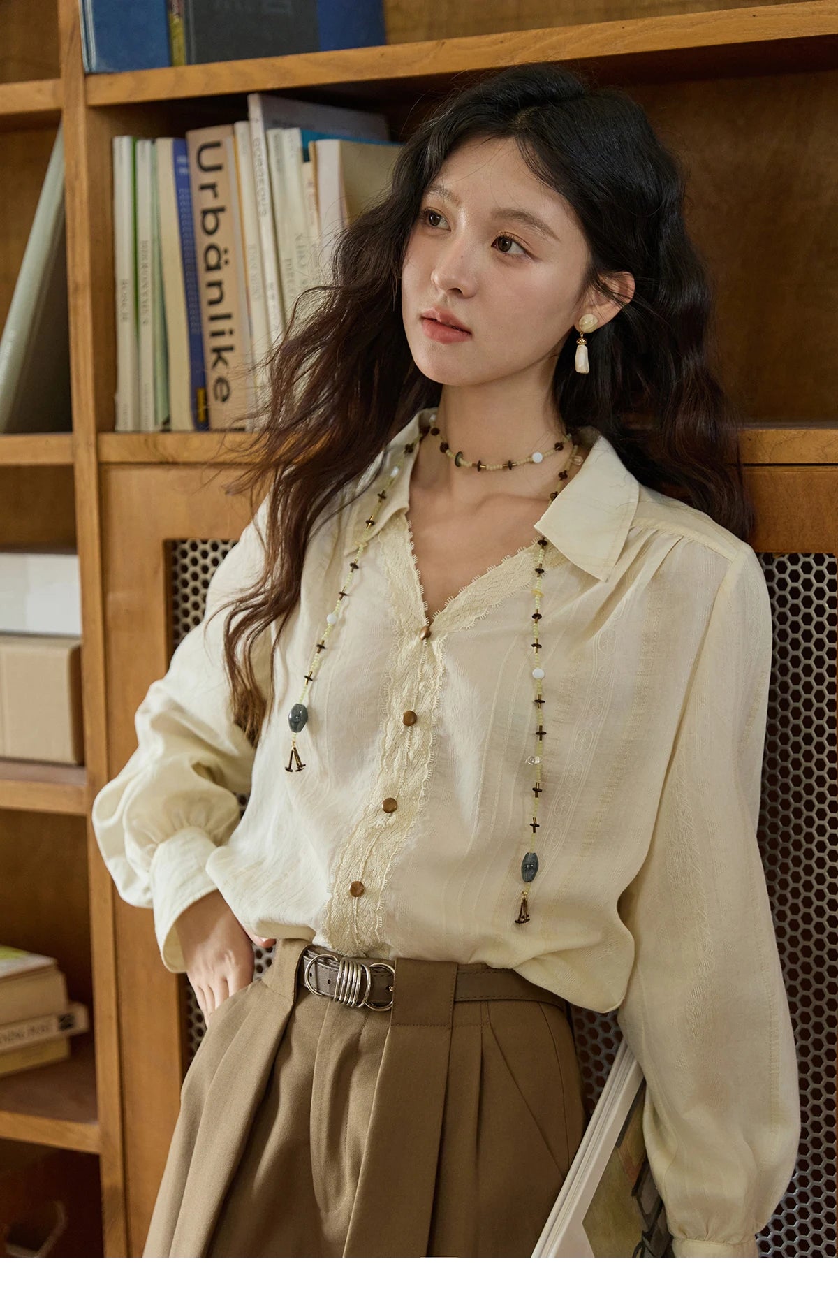 MISHOW Women's French V Neck Lace Panels Shirts 2025 Autumn Elegant Long Sleeve Apricot Top Office Chic Loose Shirt MXE43X2474