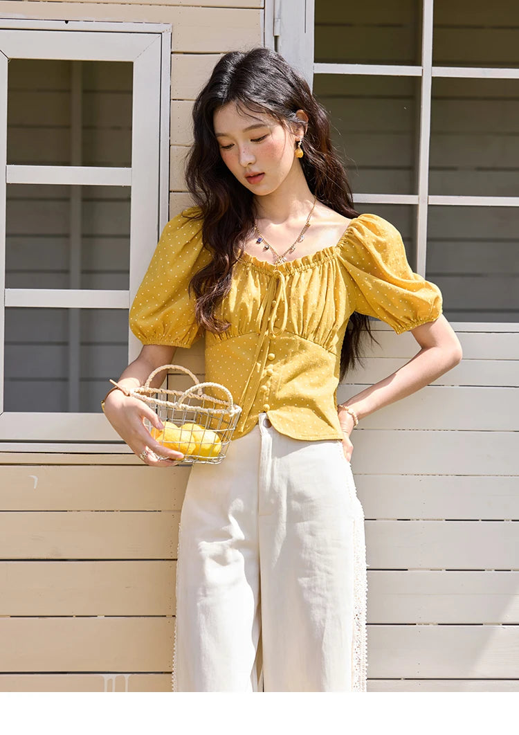 MISHOW Yellow Polka Dot One Shoulder Blouses for Women Summer 2025 Back Elastic Vintage 100 Cotton Top Lace-up Blouse MXE35X1840