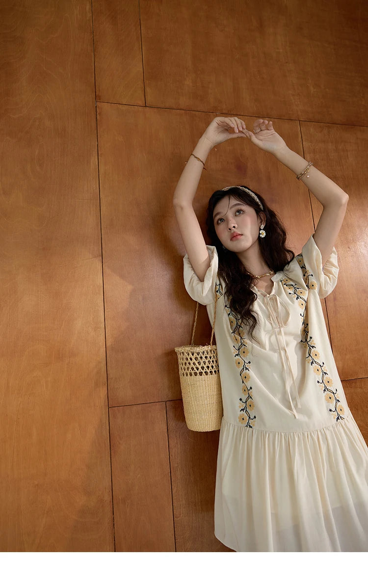 MISHOW Women's Ethnic Dress 2024 Summer Korean Sunflower Embroidery Puff Sleeve Dress V Neck Lace-up Doll Dresses MXD30L1959