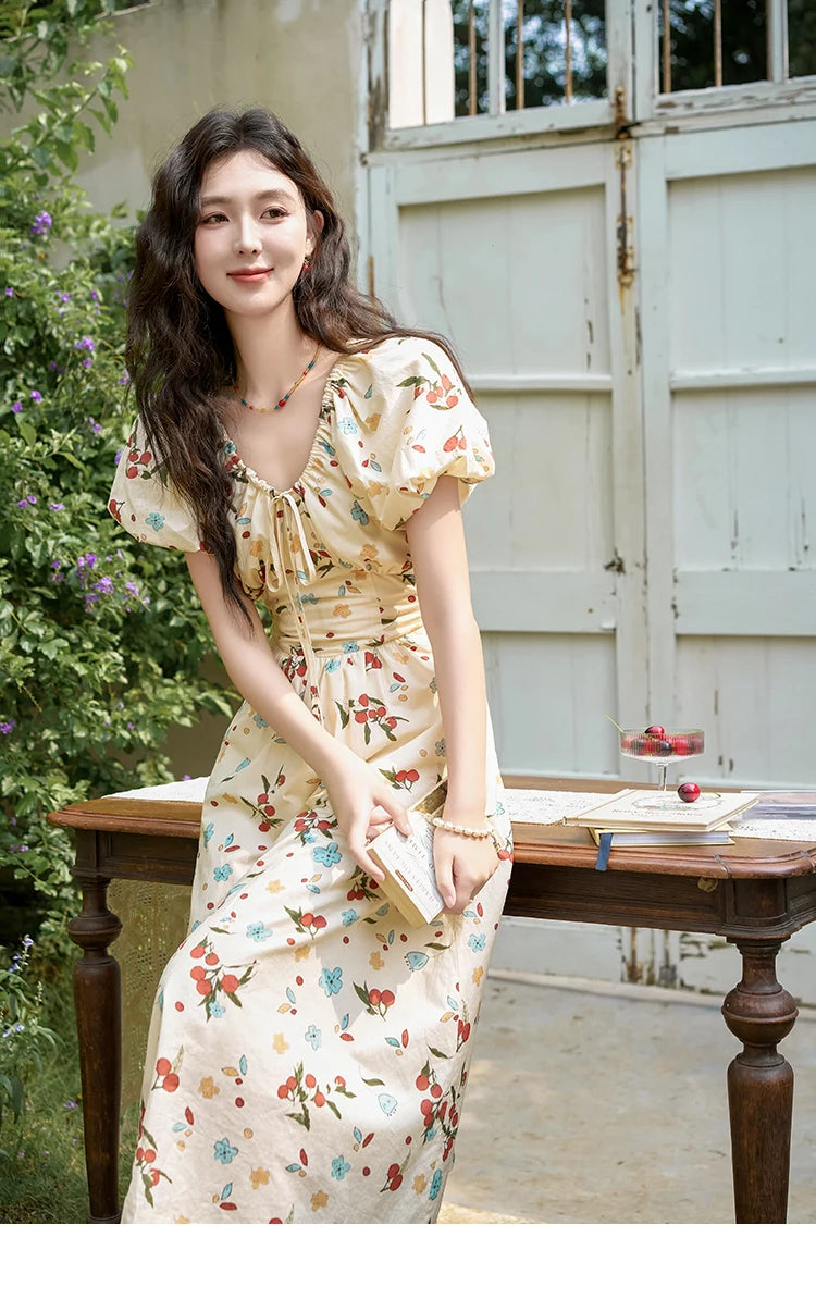 MISHOW French 100 Cotton Floral V-neck Dress Women 2025 Summer Bubble Sleeve Drawstring Lace-up Temperament Dresses MXD30L1868