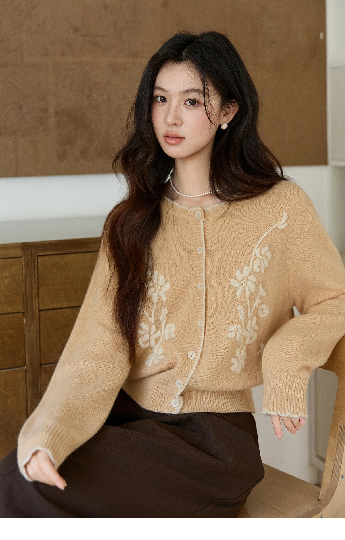 MISHOW Women's Camel Knitted Cardigan 2026 Spring Floral Embroidery Crew Neck Tops Button Warm Loose Cropped Sweater MXF11Z2896