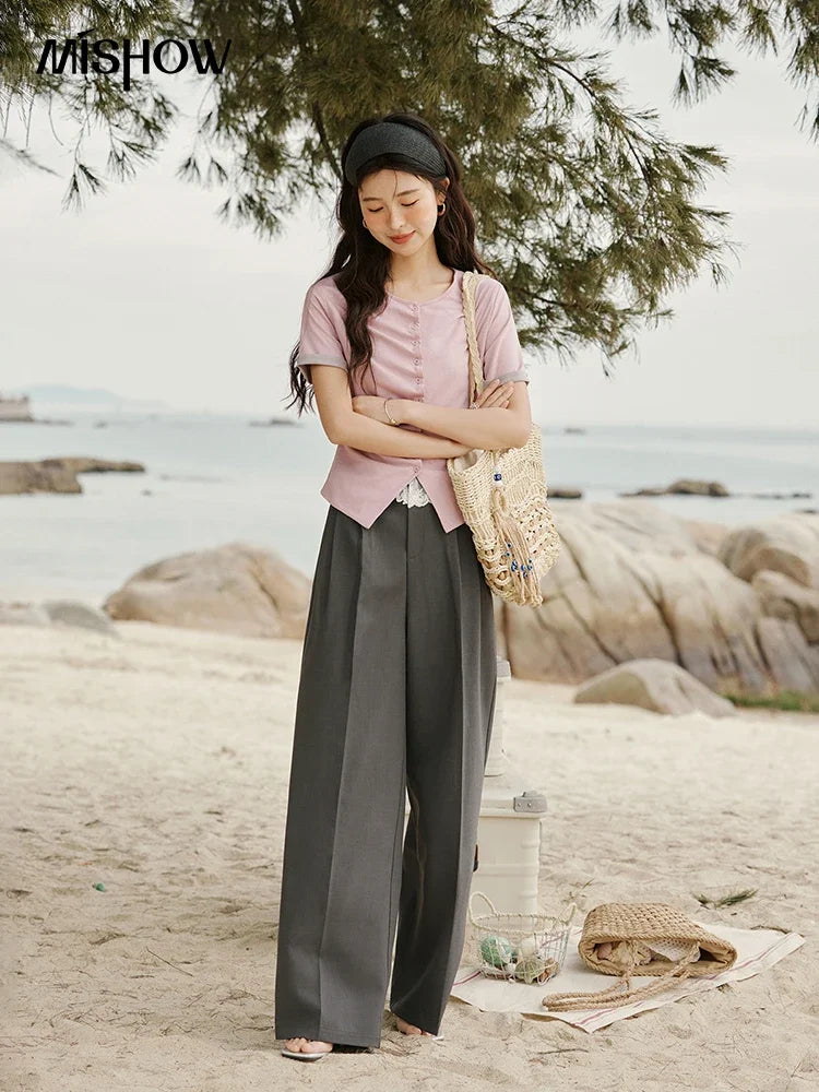 MISHOW Gray Suitable Pant Women 2025 Summer High Waist Retro Long Wide Leg Pants Woman Fashion Office Lady Trousers MXE32K0921