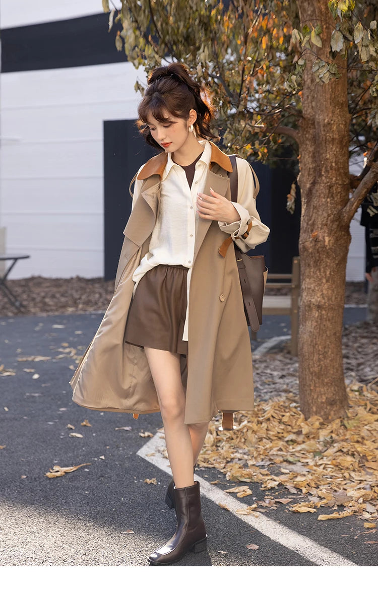 MISHOW Autumn Women's Khaki Trench Contrast Color Woman Clothes Spliced Turn-down Collar All-match Casual Jacket MXB31W0367