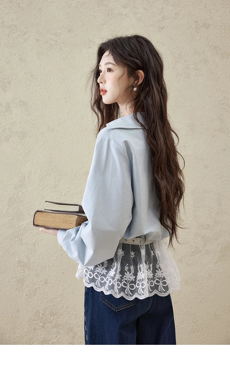 MISHOW French Spring Shirts Women 2025 Long Sleeve Turn-down Collar Fake Two-piece Blouses Female Splicing Lace Tops MXE16C0783