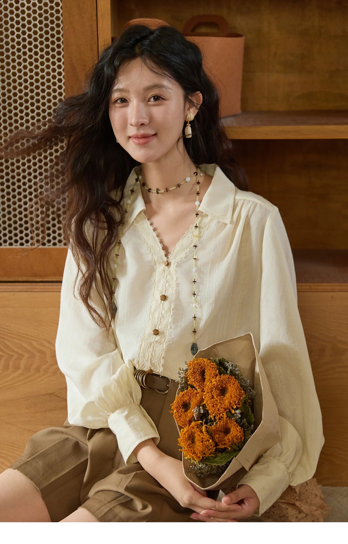 MISHOW Women's French V Neck Lace Panels Shirts 2025 Autumn Elegant Long Sleeve Apricot Top Office Chic Loose Shirt MXE43X2474