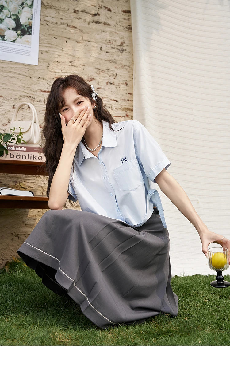 MISHOW Same Color Bow Embroidered Shirt Summer 2024 Lapel Collar Asymmetric Hem 100 Cotton Casual Short Sleeved Top MXD23C0257