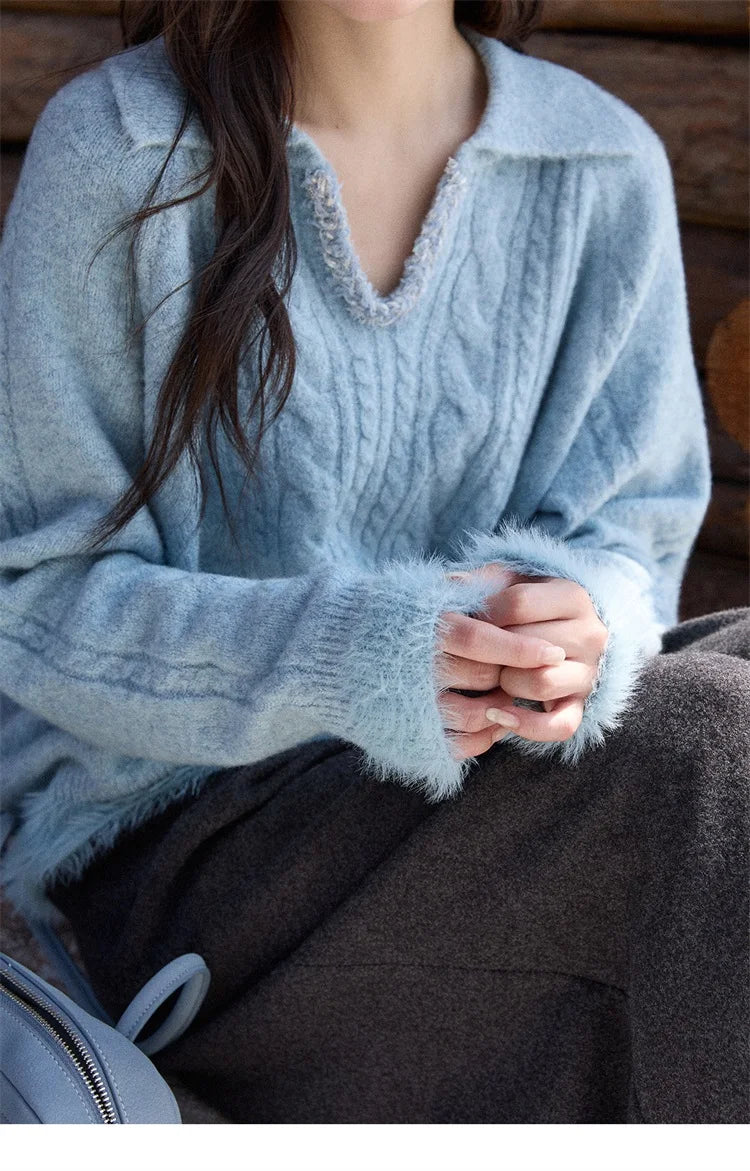 MISHOW Luxury Women's Sweaters 2025 Winter Blue Polo Collar Cable Knit Faux Mink Pullovers Loose Commute Tops Lady MXE88Z2756