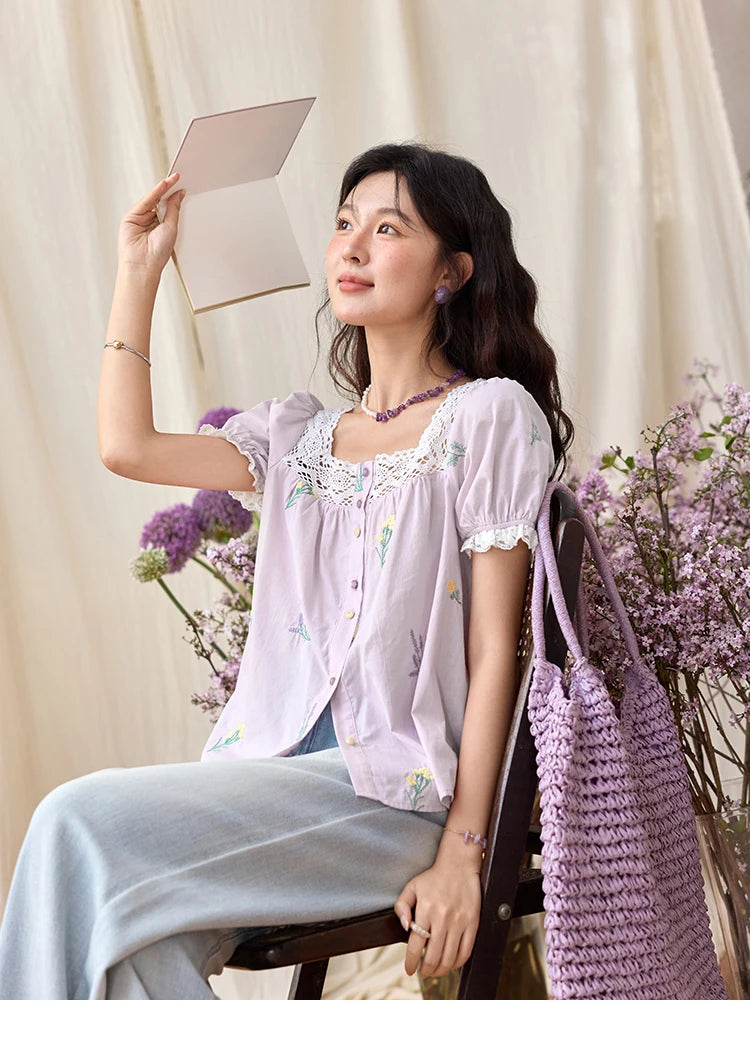MISHOW Women's Lace Patchwork Embroidered Blouses 2025 Summer Korean Elegant Square Collar Blouse Short Sleeved Tops MXE36X1830