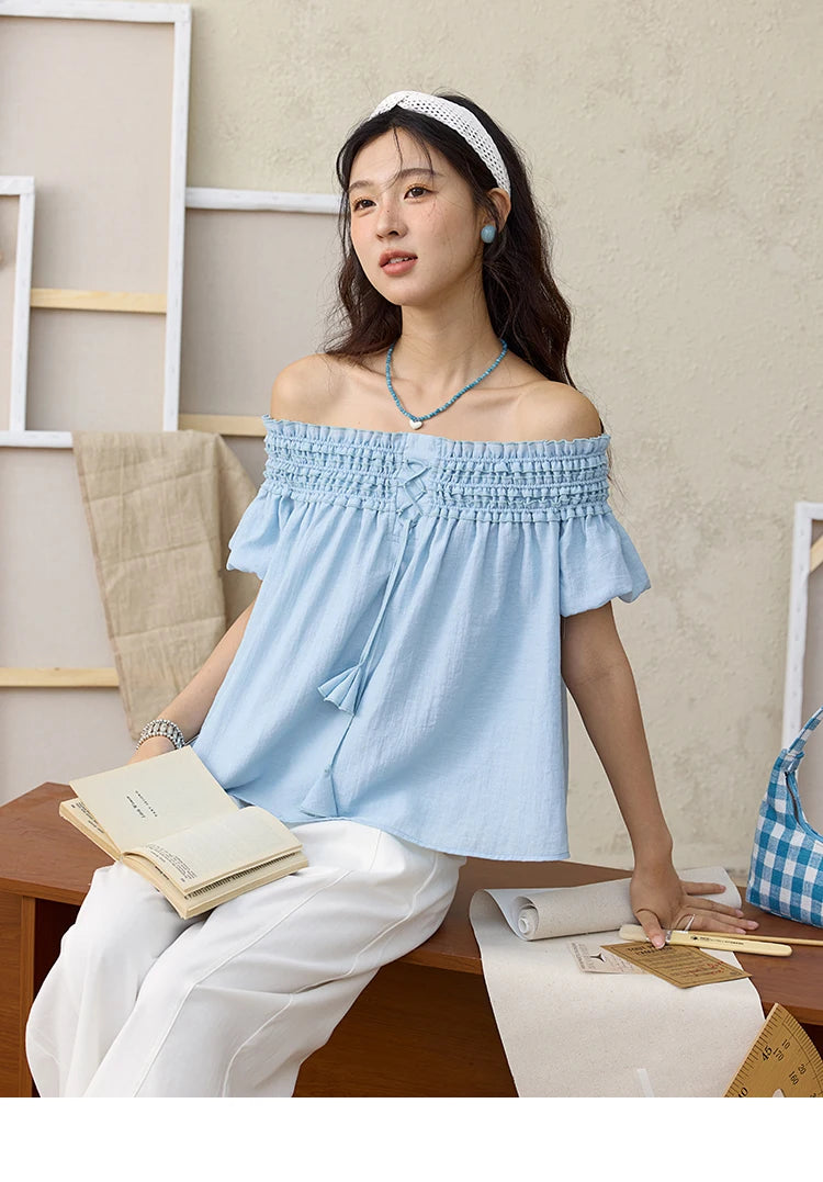 MISHOW Mist Blue One Shoulder Blouse Summer 2025 Elastic Pleated Flower Bud Sleeves Doll Blouses Cotton Blend Top MXE34X1796