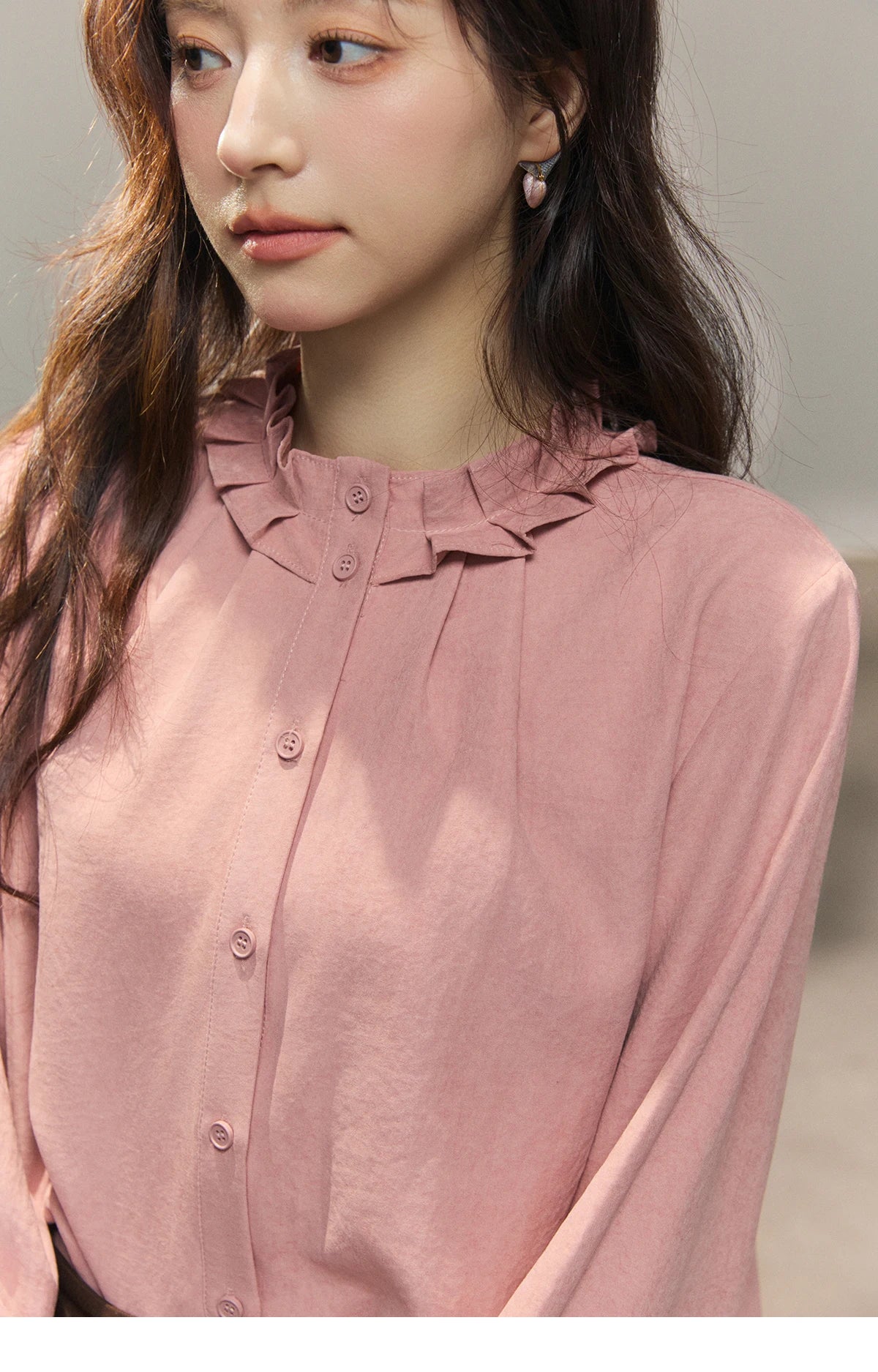 MISHOW Women's Peach Skin Solid Shirt 2026 Spring Ruffled Crew Neck Single-breasted Tops Casual Long Sleeve Shirts MXF11C2431