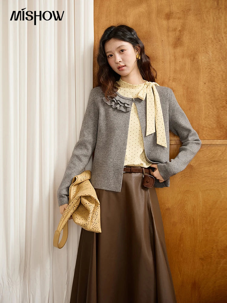 MISHOW Gray Knitted Cardigan Women 2025 Autumn Winter New Ruffled Collar Floral Yarn Striped Loose Lazy Casual Tops MXE45Z1378