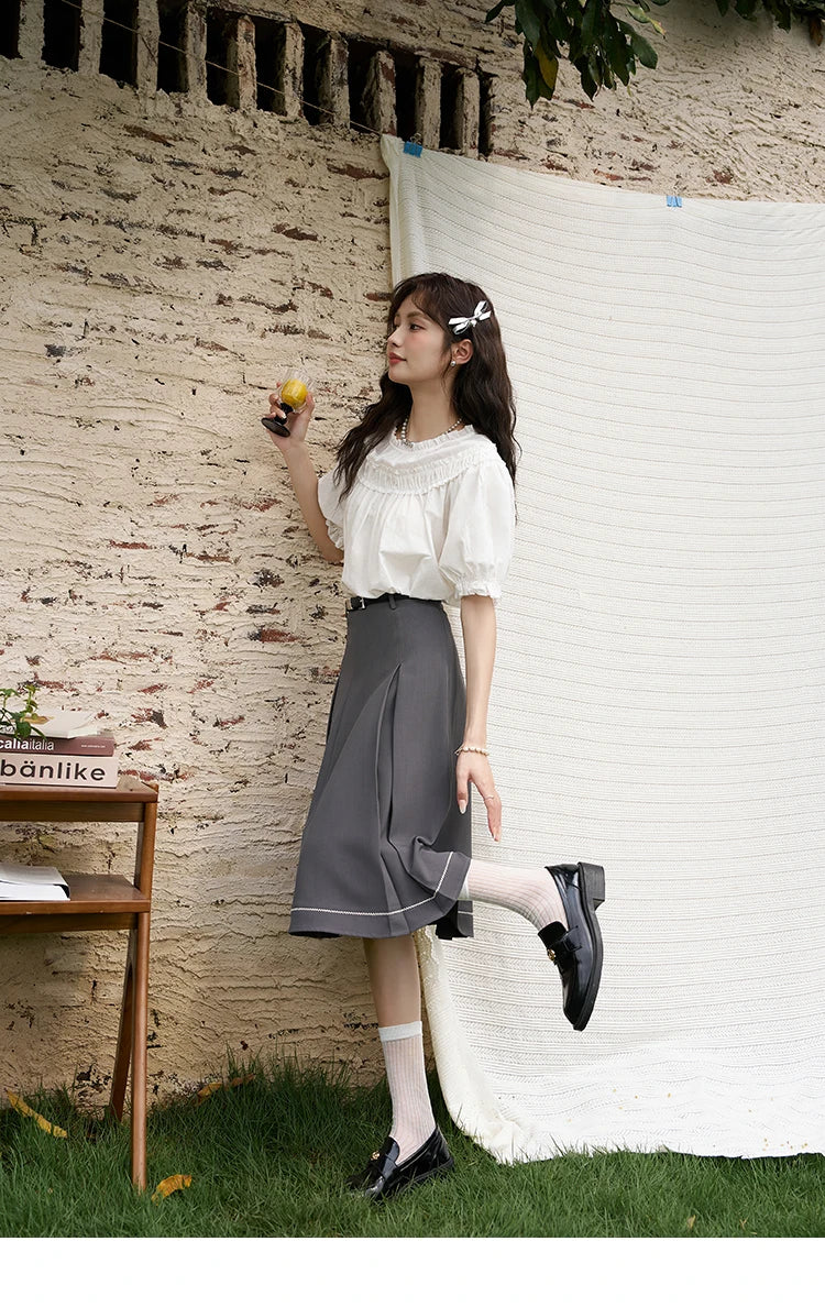 MISHOW French Cotton Bubble Sleeve Blouse Lace Collar MXD23X1500