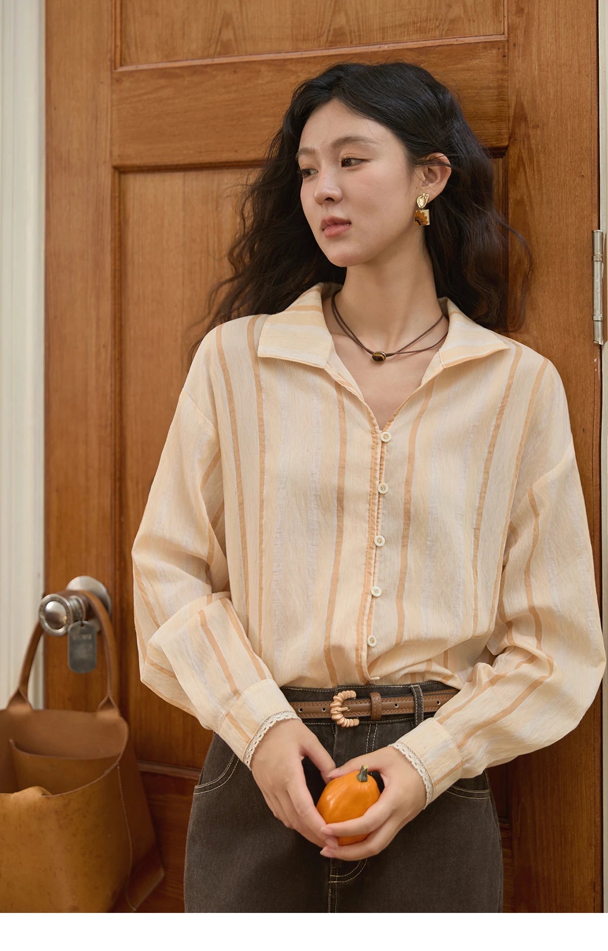 MISHOW Women's Korean Orange Stripe Linen Shirt 2025 Autumn Lapel Collar Lace Trim Cuffs Breathable Shirt Office Lady MXE43C2379