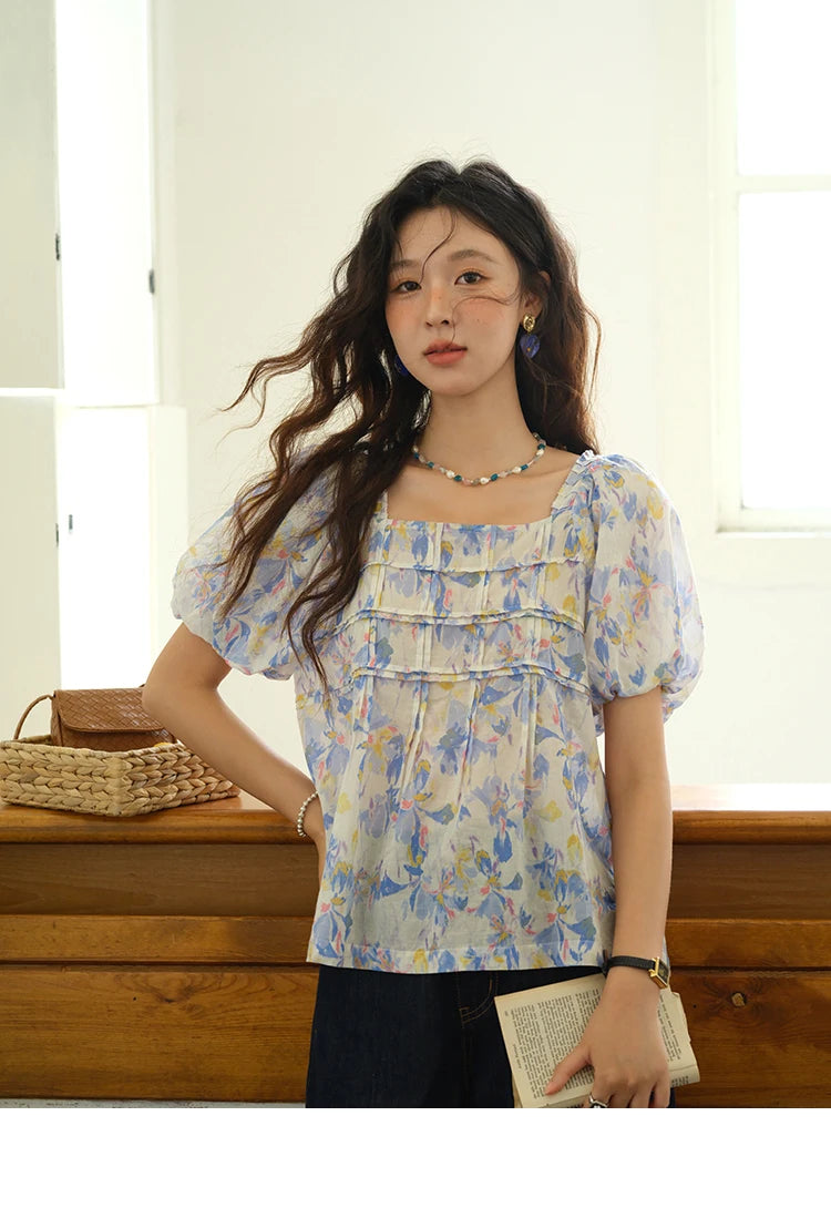 MISHOW Fashion Square Neck Puff Sleeve Blouse for Women 2025 Summer New French Sweet Loose Print Top Ladies Clothing MXE39X1937