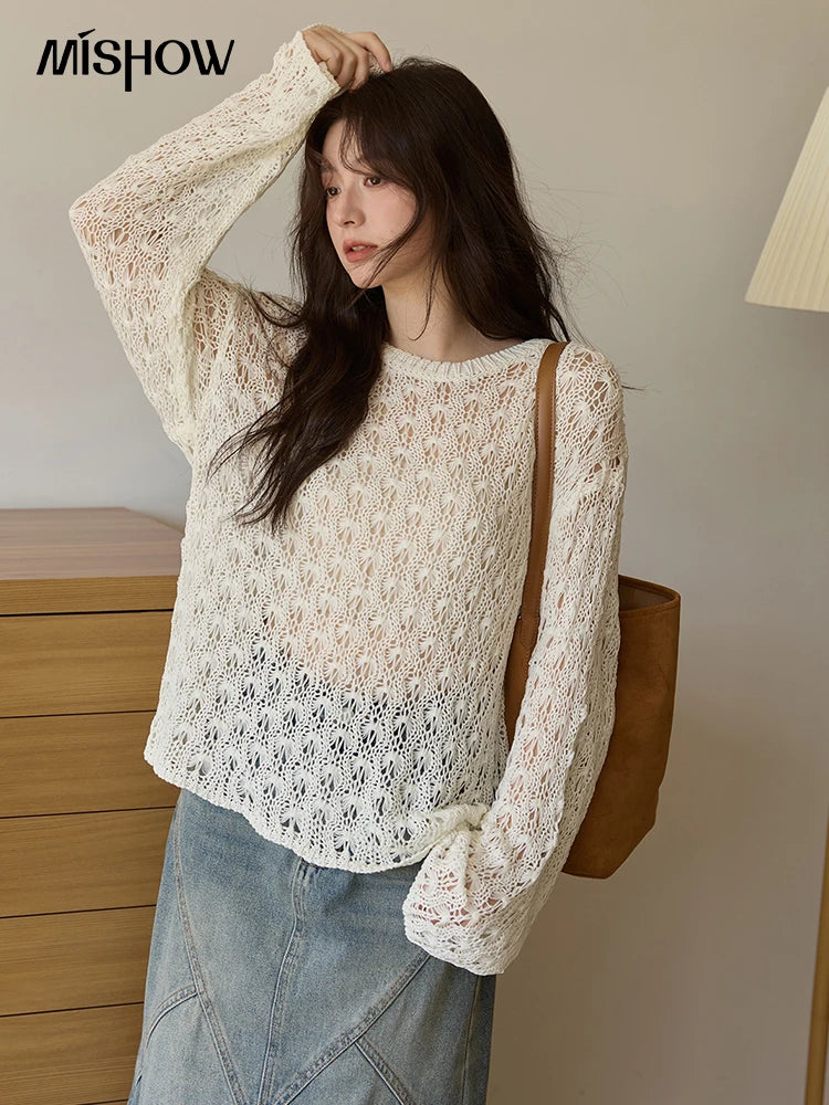 MISHOW Women's Hollow Knitted Tops 2025 Autumn Jacquard Weave Breathable Top Solid Dropped Sleeve Knitted Sweaters MXE43Z1360