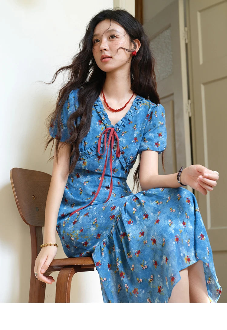 MISHOW Women's V-neck Lace Up Dress 2025 Summer New Female Fashion Puff Sleeve Chiffon Print Dresses Ladies Clothing MXE39L2401