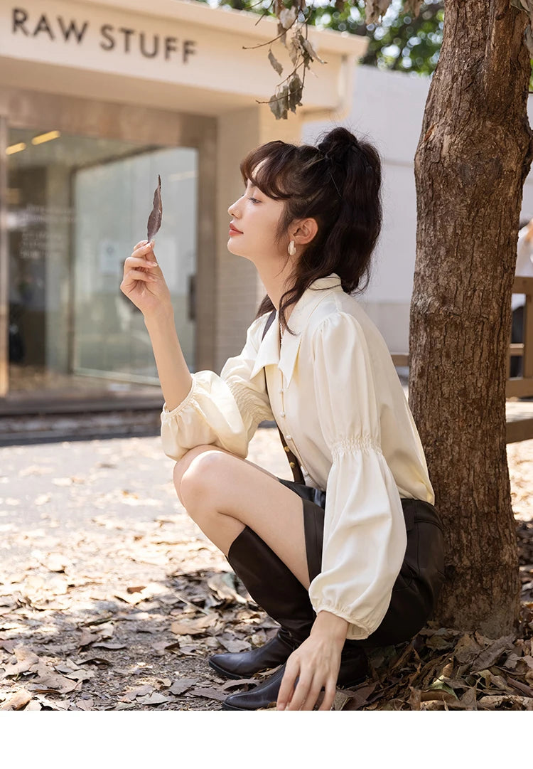 MISHOW Elegant Women's Blouse Autumn Vintage French Lantern Sleeves Turndown Collar Shirt Office Lady Female Clothing MXB32C0508