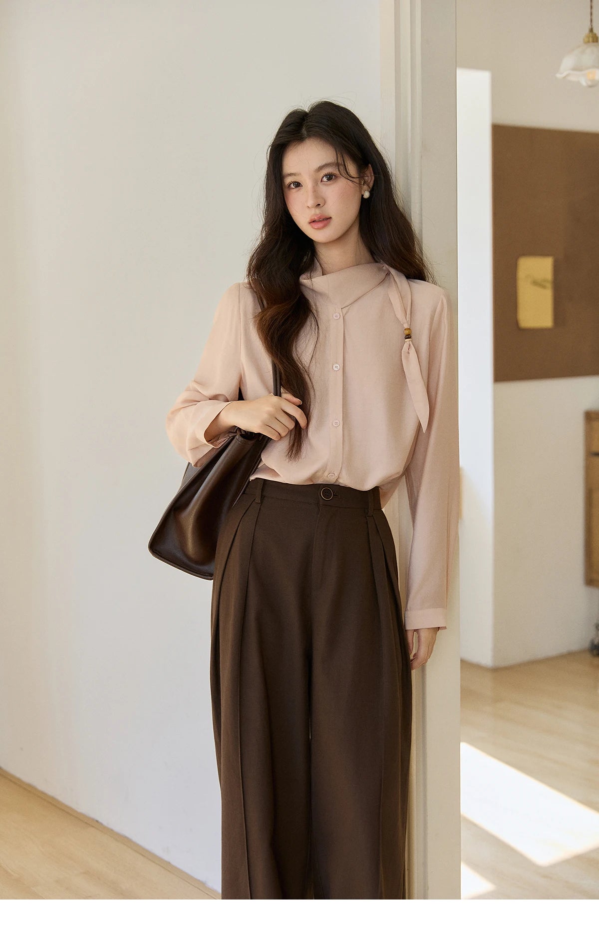 MISHOW Women's Nude Pink Shirt Spring Versatile Ribbon Stand Neck Shirts Button-Down Casual Commute Long Sleeve Top MXE11X2547