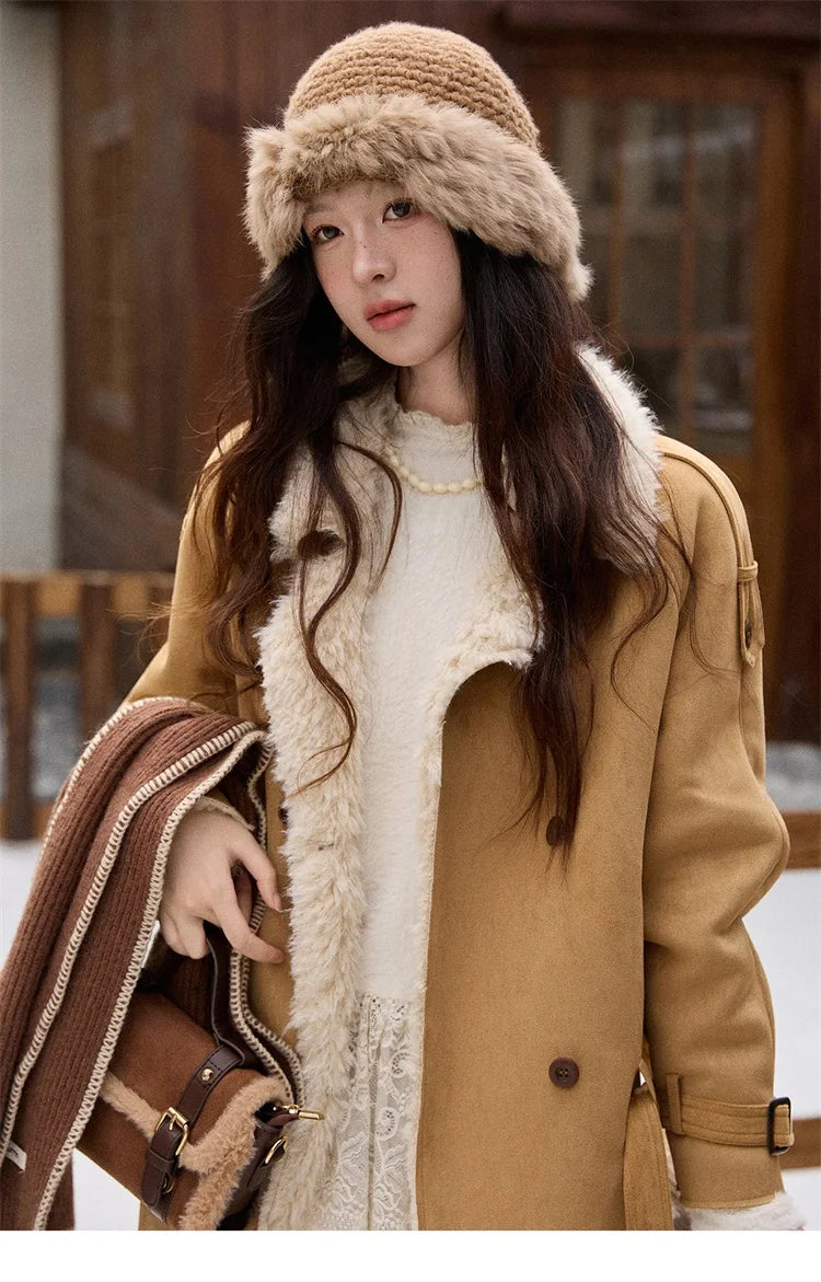 MISHOW Women Winter Jacket 2025 Fashion Suede Lambskin Fleece Coat Commute Windproof Retro Double-breasted Warm Coat MXE86W0907
