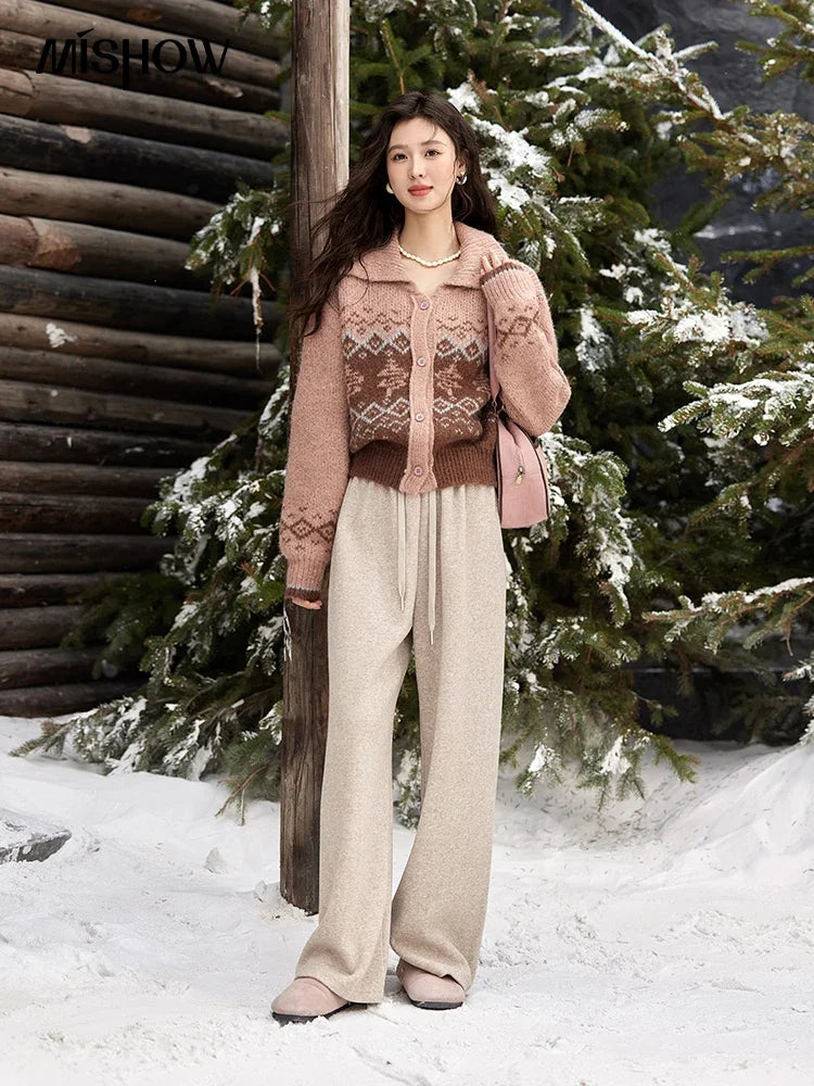 MISHOW Fair Isle Knitting Sweater Christmas Retro Cardigan Women Temperament Turn Down Collar Soft Warm Knitted Coat MXD58Z1036