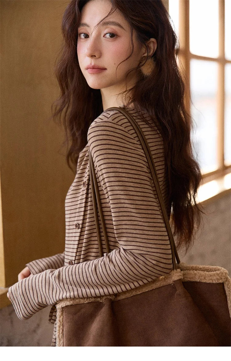 Mishow Retro Crew Neck Tie-Up Striped Top MXE87Z2700