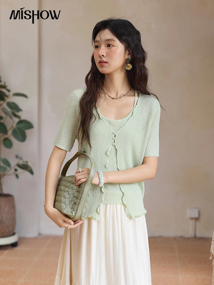 MISHOW Women's Mint Green Fake Two Piece Short Sleeved Knitted Cardigan 2025 Summer Solid Color Loose Comfortable Top MXE36Z1286
