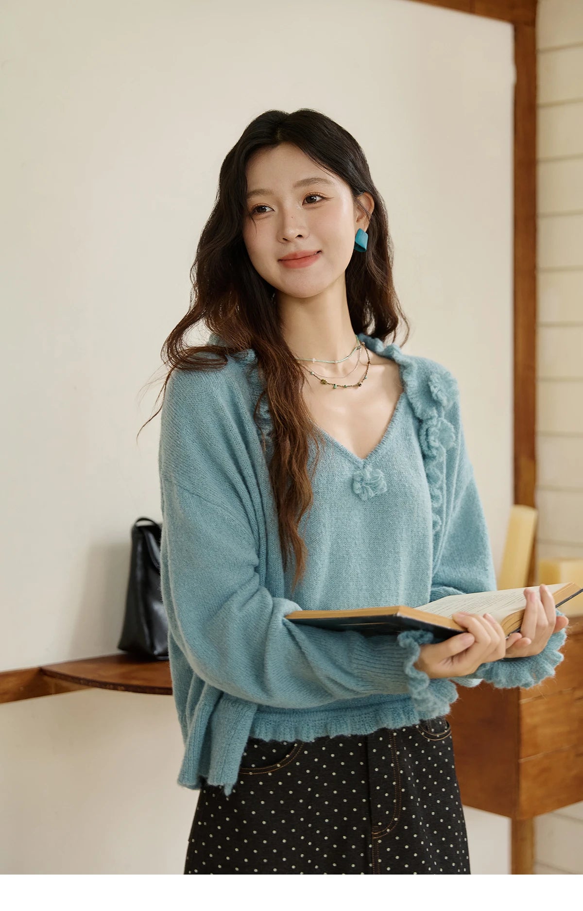 MISHOW Blue Knitted Cardigan Strap Two Piece Set 2025 Autumn Sweater Cardigan Lotus Leaf Edge Flower V-neck Camis Set MXE45T1377