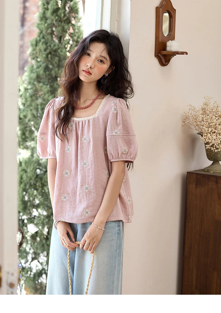 MISHOW Pink Embroidered Linen Floral Blouse for Summer 2025 A-line Square Collar Blouses Lace Patchwork Loose Tops MXE35X1834