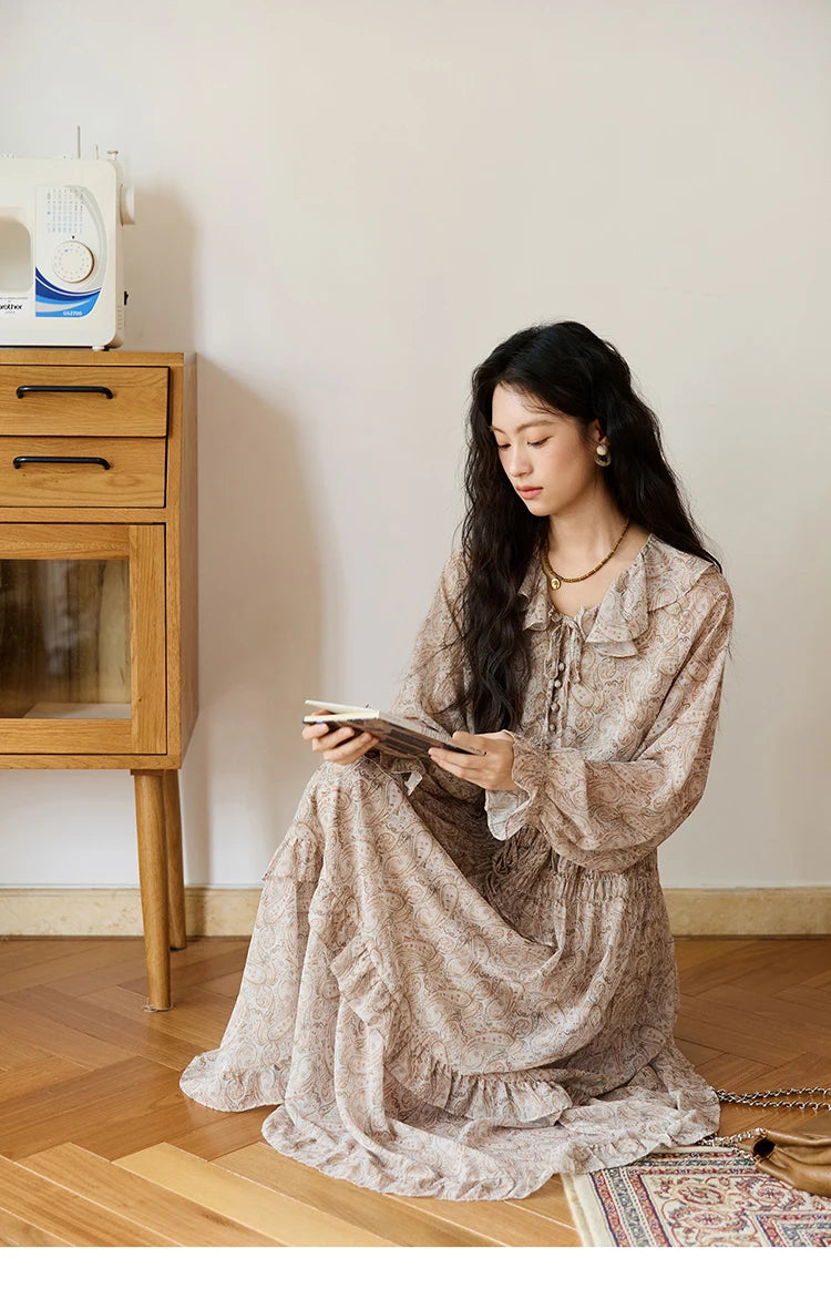 MISHOW Cashew Flower Dress for Woman 2025 Autumn Romantic Style Printed Dress Long Sleeve Ruffled Tie Waist Dress MXE46L2520