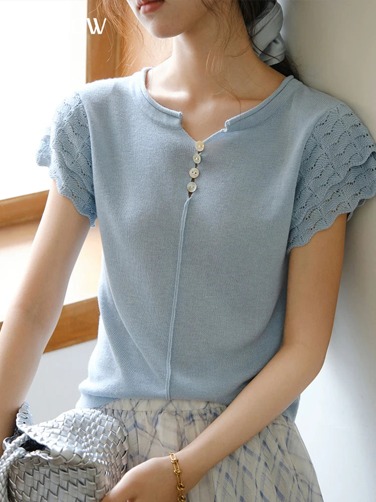 MISHOW Sheep Wool Knitted T-shirt for Women 2025 Summer New Button O-Neck Short Sleeve Blue Top Female Clothing MXE34Z1262