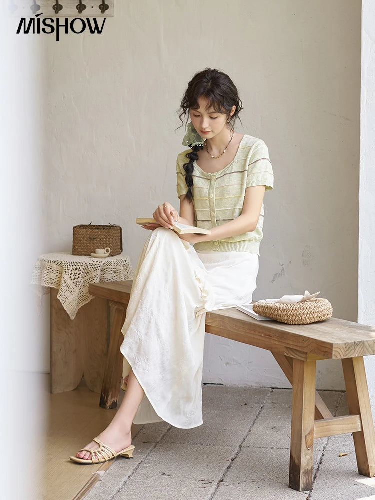 MISHOW Eegnat Lace Edge Skirt for Women Summer 2025 Ruffle Edge High Waist Slim A-line Long Skirt Solid Cake Skirts MXD30B0385