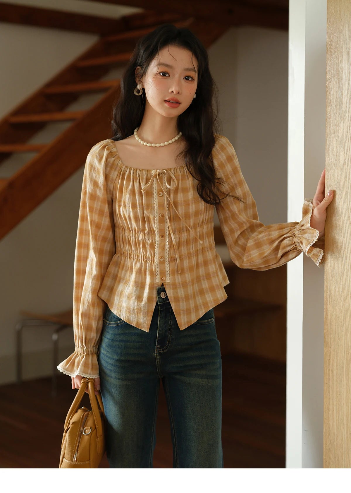 MISHOW Yellow Plaid Blouse for Women 2025 Autumn Korean Waist Square Neck Top Cuff Patchwork Lace Puff Sleeve Blouses MXE43X1986