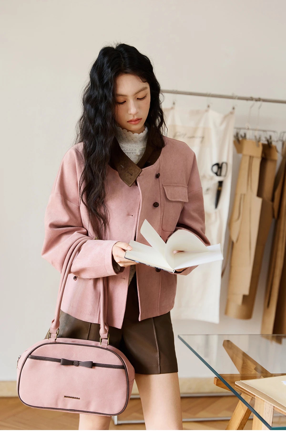 MISHOW Woman Jacket 2025 Autumn French Style Pink Coffee Suede Jacket Contrast Color Stand Collar Loose Short Coat MXE48W0851
