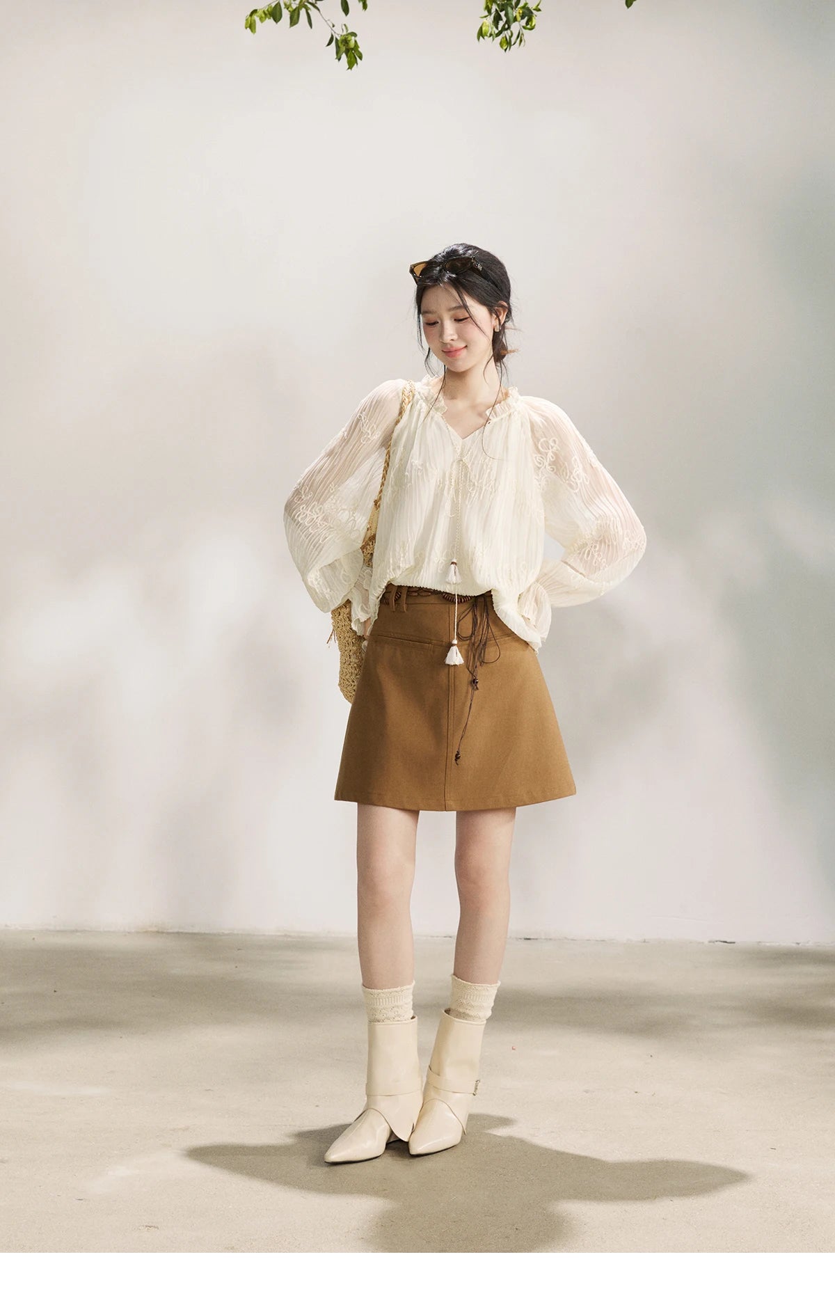 MISHOW Women's Tassel Tie Flower Embroidered Blouse 2026 Spring V-Neck Lantern Sleeves Top Casual Loose Sheer Blouses MXF13X2525