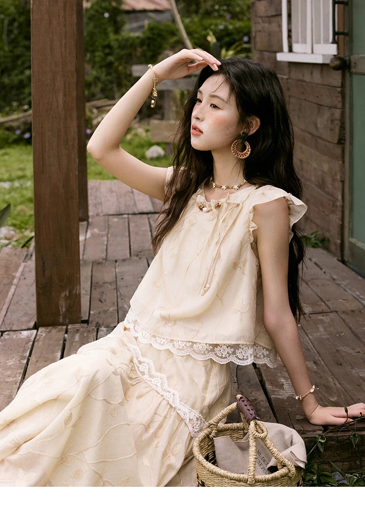 MISHOW Sweet Summer Skirt Sets Women New 2025 Short Flying Sleeve Round Neck Tops Hollow Embroidery A-line Skirt Lady MXE33T0545