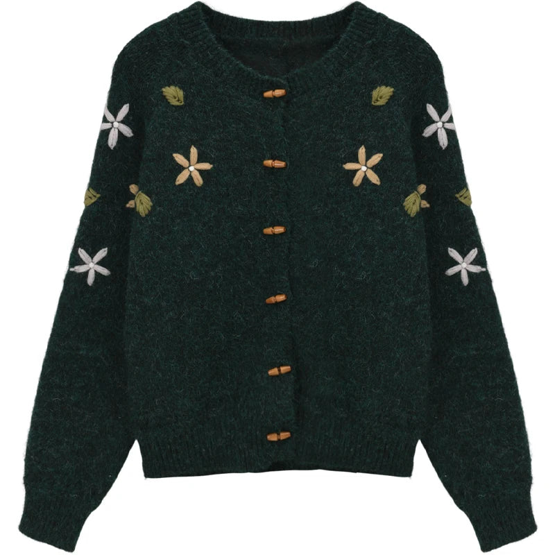 MISHOW Women's Winter Cardigan 2025 New Retro Flower Embroidery Green Knitted Cardigan Casual Long-sleeved Tops MXE86Z2729