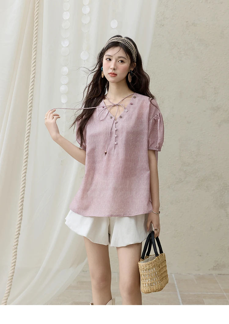MISHOW French Summer Blouses Women Solid Short Puff Sleeve V-neck Lace-up Design Shirts Female Fashion Straight Tops MXE33X1743