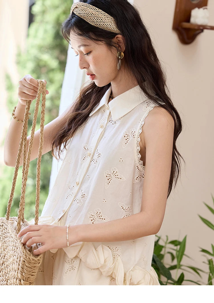 MISHOW 100 Cotton Butterfly Hollow Lace Lapel Shirt for Women Single Breasted Elegant Breathable Shirts with Tube Top MXE34X1808